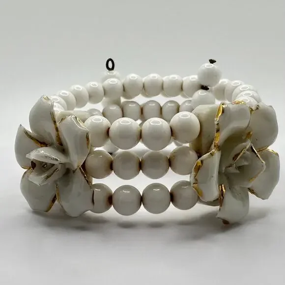 Vintage Japanese porcelain white milk glass beads beaded wrap cuff bracelet - Picture 3 of 12